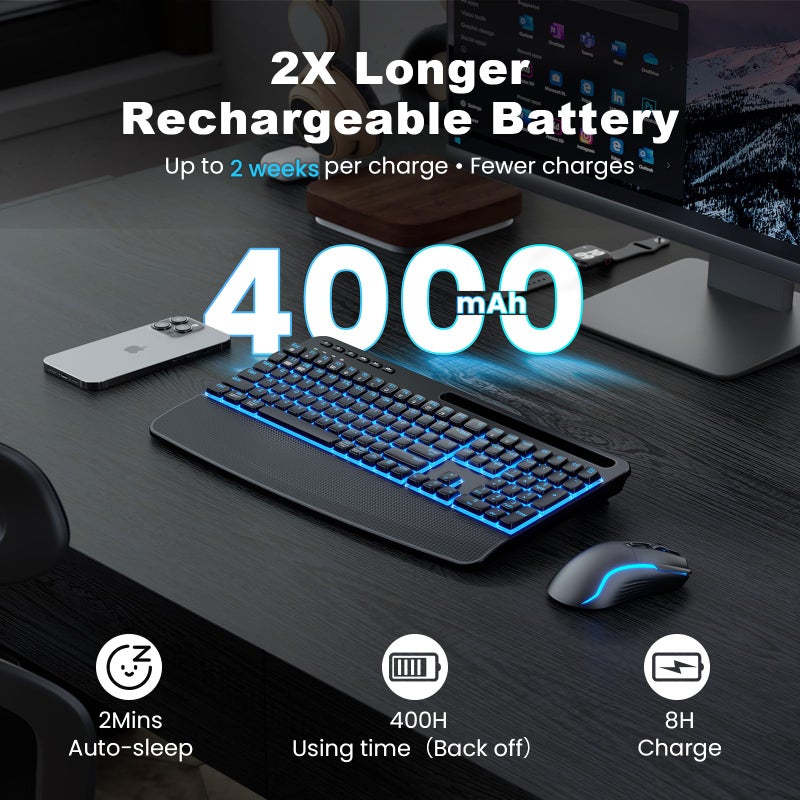 SABLUTE Wireless Keyboard and Mouse Combo, Rechargeable 4000mAh Light up Quiet Keyboard with Wrist Rest & Phone Holder, Ergonomic Silent Typing for PC/Mac/Laptop/Windows/Chrome OS - Image 2