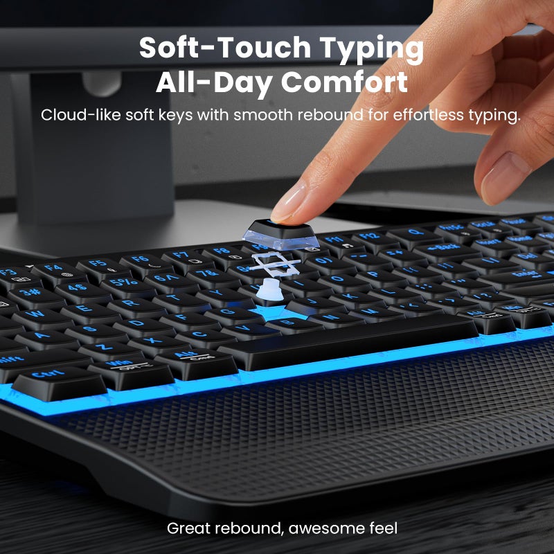 SABLUTE Wireless Keyboard and Mouse Combo, Rechargeable 4000mAh Light up Quiet Keyboard with Wrist Rest & Phone Holder, Ergonomic Silent Typing for PC/Mac/Laptop/Windows/Chrome OS - Image 4