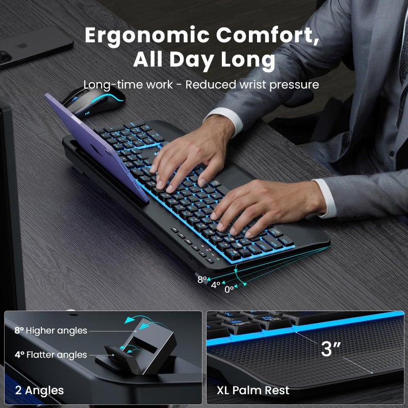 SABLUTE Wireless Keyboard and Mouse Combo, Rechargeable 4000mAh Light up Quiet Keyboard with Wrist Rest & Phone Holder, Ergonomic Silent Typing for PC/Mac/Laptop/Windows/Chrome OS - Image 3