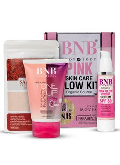 BNB Pink Glow Kit Toneup Facewash Saffron Mask Pink Glow Sunscreen Spf 60 