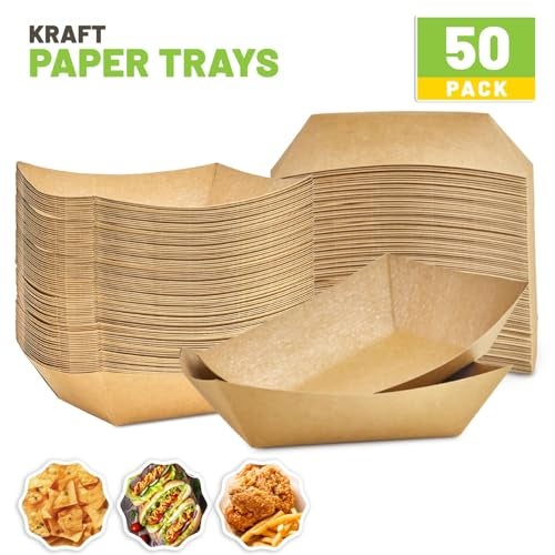 ZORRITA 3 Lb Paper Food Trays - 50 Pack Disposable Nacho Trays, Kraft Paper Food Boats Taco Holders Party Serving Baskets for Hot Dogs Snacks Tacos Fries - Image 3