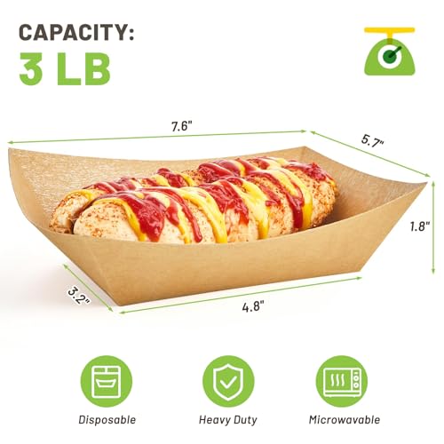 ZORRITA 3 Lb Paper Food Trays - 50 Pack Disposable Nacho Trays, Kraft Paper Food Boats Taco Holders Party Serving Baskets for Hot Dogs Snacks Tacos Fries - Image 2