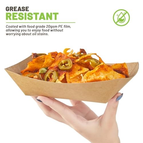 ZORRITA 3 Lb Paper Food Trays - 50 Pack Disposable Nacho Trays, Kraft Paper Food Boats Taco Holders Party Serving Baskets for Hot Dogs Snacks Tacos Fries - Image 4