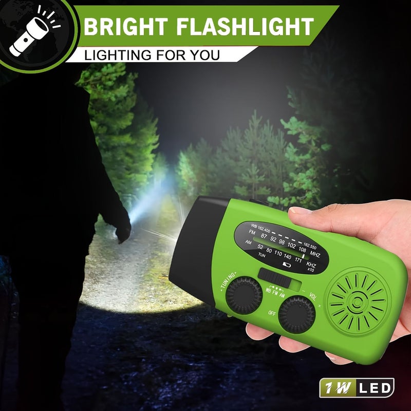 مذياع الطوارئ اليدوي مع كشاف LED بقدرة 2000 مللي أمبير، مزود بالطاقة الشمسية ومنفذ USB، مذياع محمول AM/FM لاستقبال البث الطارئ لـ NOAA، مناسب للتخييم وانقطاع التيار الكهربائي والبقاء على قيد الحياة، مكبر صوت يدوي متوافق - Image 5