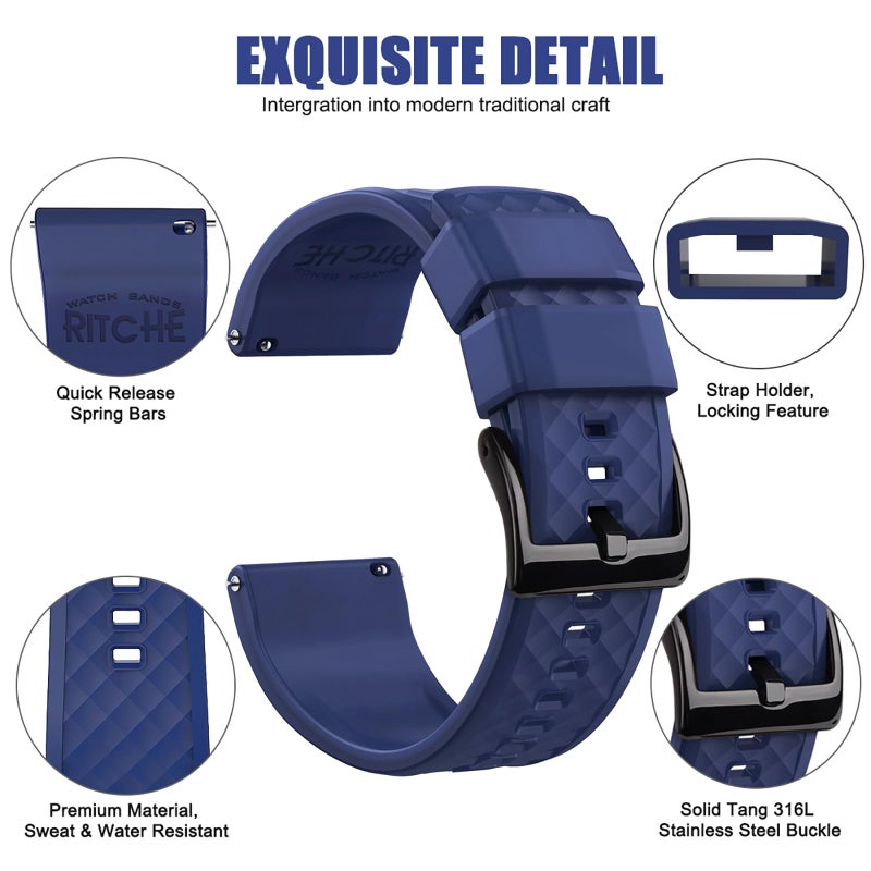 Ritche Silicone Watch Bands 18mm 19mm 20mm 21mm 22mm 23mm 24mm Quick Release Rubber Watch Bands for Men, Navy Blue / Black / Black, 20mm, Classic - Image 2