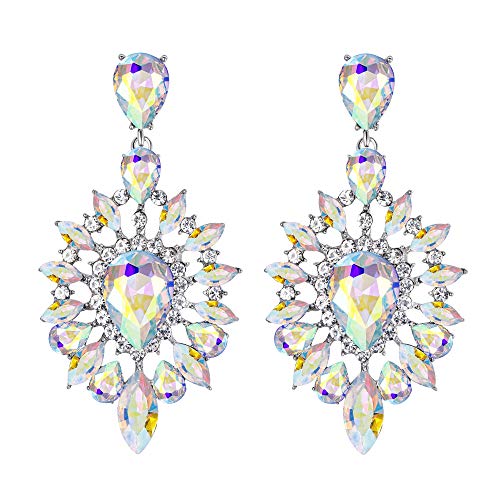 BriLove Fashion Trendy Statement Earrings for Women Crystal Teardrop Halo Chandelier Dangle Jewelry Iridescent Clear AB Silver-Tone - Image 1