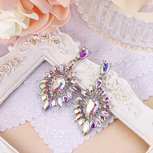 BriLove Fashion Trendy Statement Earrings for Women Crystal Teardrop Halo Chandelier Dangle Jewelry Iridescent Clear AB Silver-Tone - Image 4