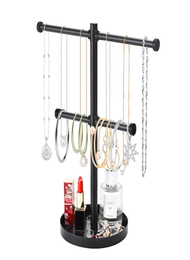 bodkar Necklace Holder Organizer Stand,2-Tier Sturdy Metal Jewelry Stand with Round Tray for Bracelet Bangles Holder Display,12.9" Tall for Long Necklace - Image 1