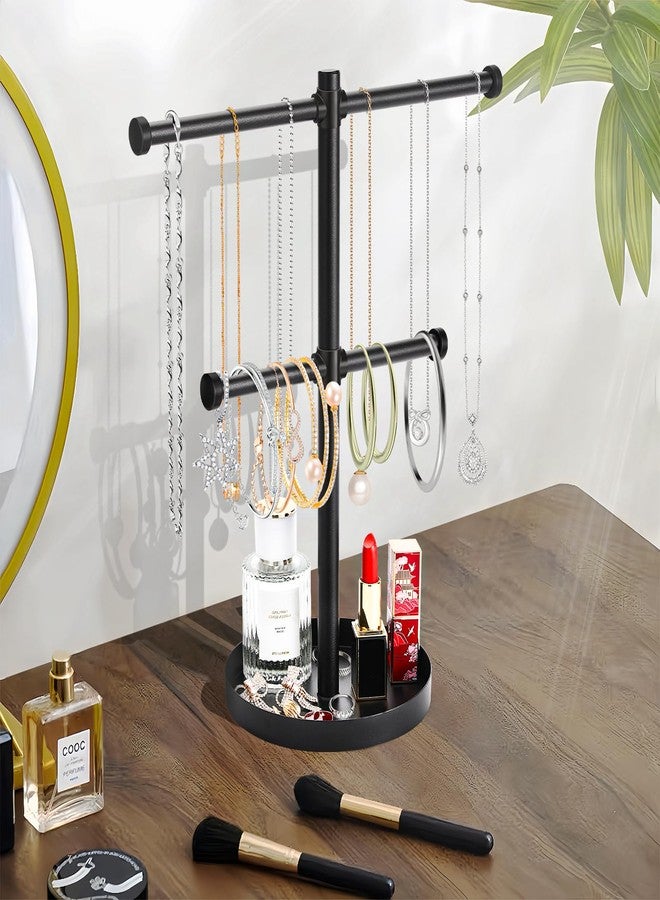 bodkar Necklace Holder Organizer Stand,2-Tier Sturdy Metal Jewelry Stand with Round Tray for Bracelet Bangles Holder Display,12.9" Tall for Long Necklace - Image 2
