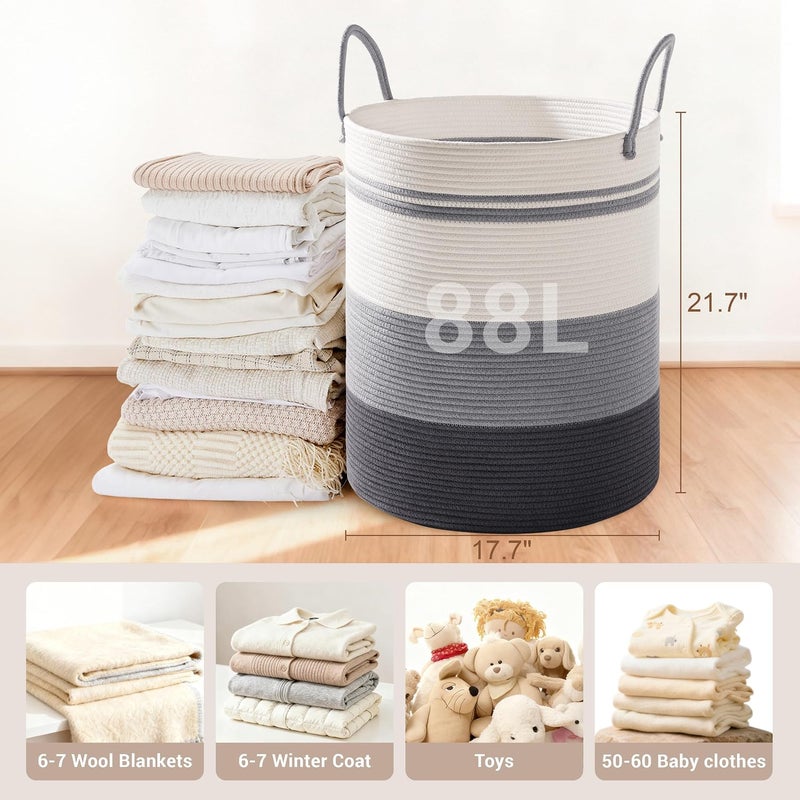 SunNewt Tall Laundry Basket with Handles, 88L Portable Dirty Clothes Hamper, Boho Cotton Rope Storage Bin for Blankets Kids Toys Gifts, Large Organizer for Baby Nursery Bedroom Bathroom, Grey Striped - Image 2