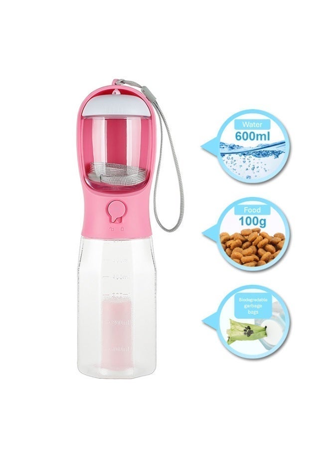 وعاء ماء وطعام 3 في 1 للحيوانات الأليفة سعة 600 مل باللون الوردي للقطط والكلاب، محمول للاستخدام الخارجي والسفر مع كيس نفايات مدمج، مقاوم للحرارة - Image 2