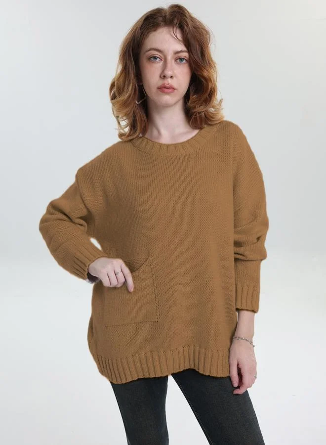 Take Two Take Two Plus Size Brown Pocket Detail Knit Sweater
