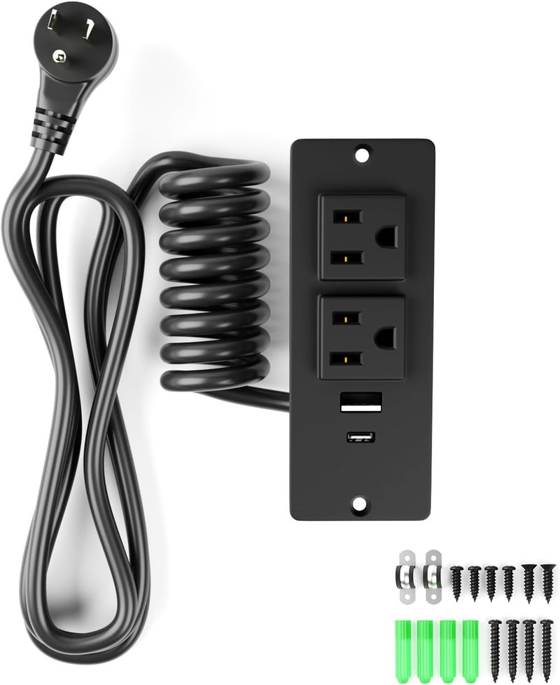 OELFFOW Drawer Outlet Kit, Recessed Furniture Power Strip - Clutter-Free Drawer Socket with USB-A, USB-C & (2) 12 amp AC Ports, 6.9FT Power Cord, Spring Cable, Clips and Screws Included, UL Listed - Image 1