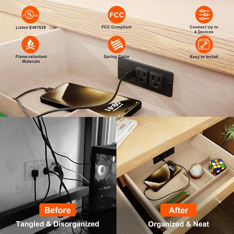 OELFFOW Drawer Outlet Kit, Recessed Furniture Power Strip - Clutter-Free Drawer Socket with USB-A, USB-C & (2) 12 amp AC Ports, 6.9FT Power Cord, Spring Cable, Clips and Screws Included, UL Listed - Image 5