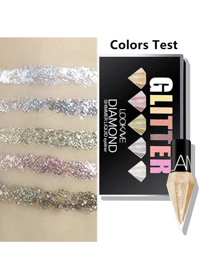 Go Ho Glitter Liquid Eyeliner Colorful Set,5 Colors Metallic Shimmer White Silver Gold Diamond Eye Liner,Glitter Eyeliner Eyeshadow Shine,Waterproof Long Lasting Glow Sparkle Eye Makeup - Image 3