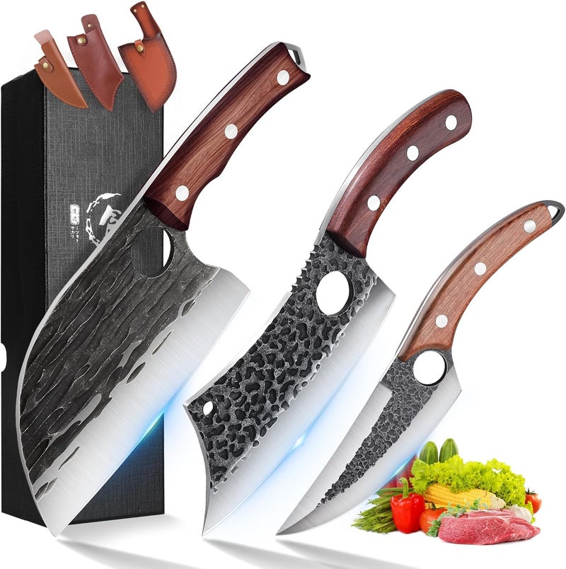 ROCOCO 3PCS Butcher Cleaver Knife Set for Meat Cutting Serbian Chef Knife Viking Boning Cleaver with Sheaths for Kitchen Outdoor BBQ Camping Birthday Father Mother Christmas Gift Idea Men - Image 1