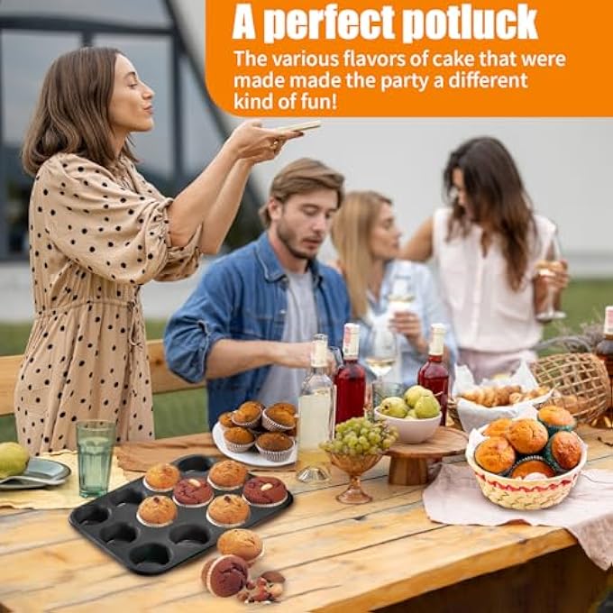 2 عبوة 12 كوب صواني مافن صغيرة غير لاصقة بودنغ فولاذي كربوني مقاوم للحرارة فطيرة اللحم المفروم القصدير سهل التنظيف خبز كب كيك قوالب كعك متينة قوية للبراونيز فطائر آمنة للغسل في غسالة الصحون - Image 2