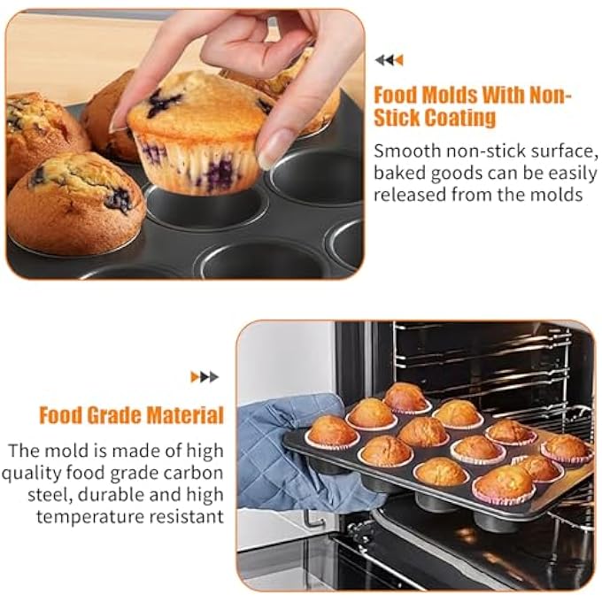 2 عبوة 12 كوب صواني مافن صغيرة غير لاصقة بودنغ فولاذي كربوني مقاوم للحرارة فطيرة اللحم المفروم القصدير سهل التنظيف خبز كب كيك قوالب كعك متينة قوية للبراونيز فطائر آمنة للغسل في غسالة الصحون - Image 5