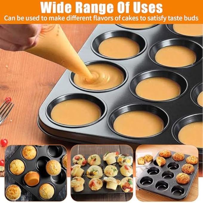 2 عبوة 12 كوب صواني مافن صغيرة غير لاصقة بودنغ فولاذي كربوني مقاوم للحرارة فطيرة اللحم المفروم القصدير سهل التنظيف خبز كب كيك قوالب كعك متينة قوية للبراونيز فطائر آمنة للغسل في غسالة الصحون - Image 4