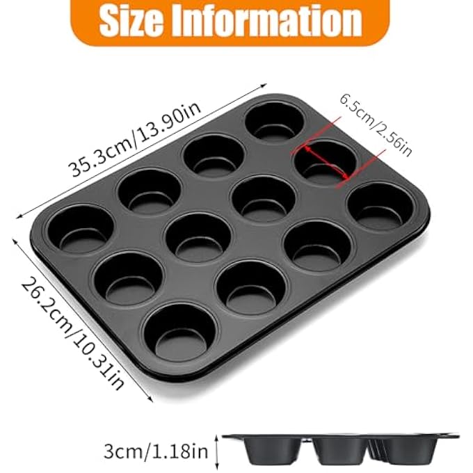 2 عبوة 12 كوب صواني مافن صغيرة غير لاصقة بودنغ فولاذي كربوني مقاوم للحرارة فطيرة اللحم المفروم القصدير سهل التنظيف خبز كب كيك قوالب كعك متينة قوية للبراونيز فطائر آمنة للغسل في غسالة الصحون - Image 3