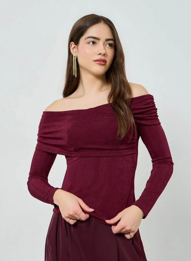 Styli Women Maroon Off-Shoulder Knit Top