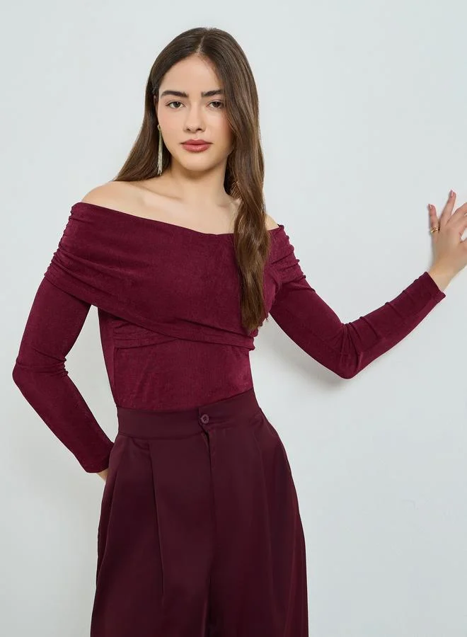 Styli Women Maroon Off-Shoulder Knit Top
