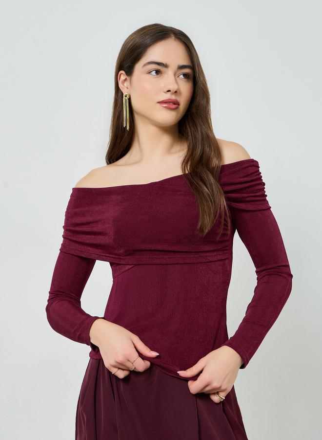 Styli Women Maroon Off-Shoulder Knit Top - Image 1