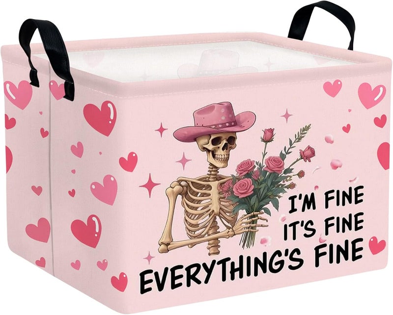 SETAMA Valentine's Day Basket Gift for Empty Cute Heart Large Storage Bin for Kid and Baby Room Décor (Pink Rose Skull Heart) - Image 1