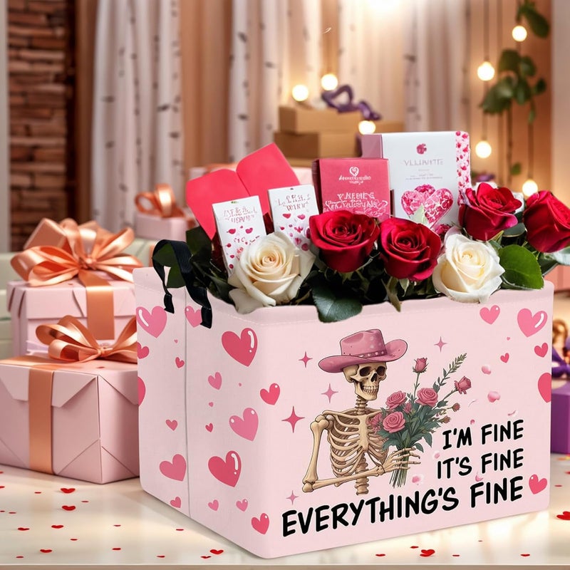 SETAMA Valentine's Day Basket Gift for Empty Cute Heart Large Storage Bin for Kid and Baby Room Décor (Pink Rose Skull Heart) - Image 2