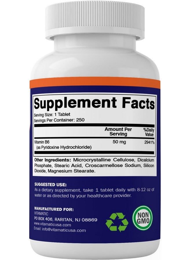 Vitamatic Vitamin B6 (Pyridoxine HCI), 50 mg 250 Vegetarian Tablets - Promotes Energy Production, boosts Metabolism and Immune Health Support - Image 2