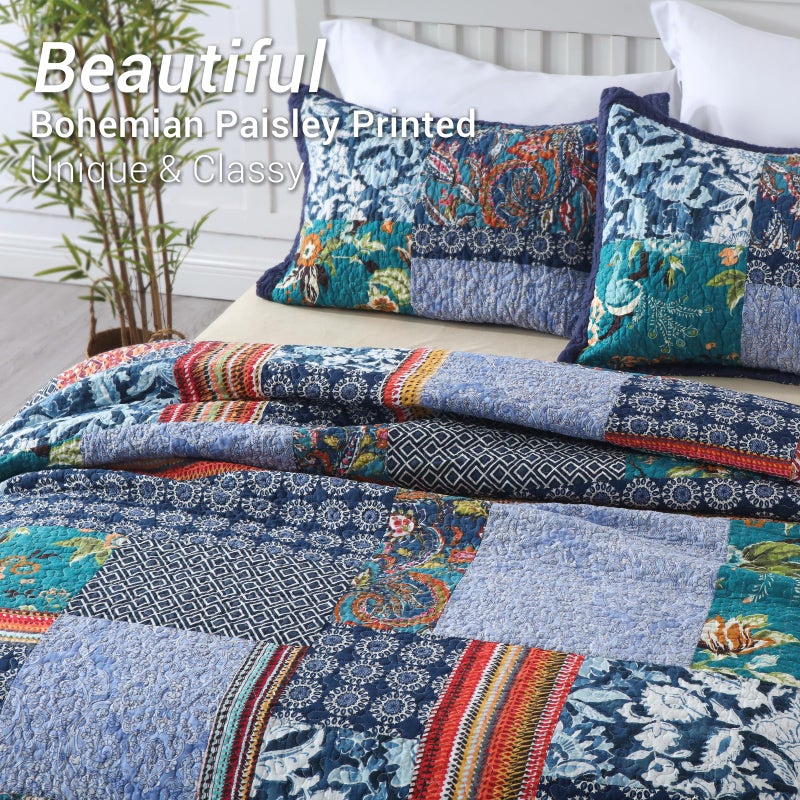 Yvooxny Queen Quilt Set Reversible Lightweight Bohemian Paisley Patchwork Cotton Quilted Bedspread Coverlet Set 3-Piece Bedding Set with Shams for All Seasons, Queen Size, 98 * 90 Inches - Image 3