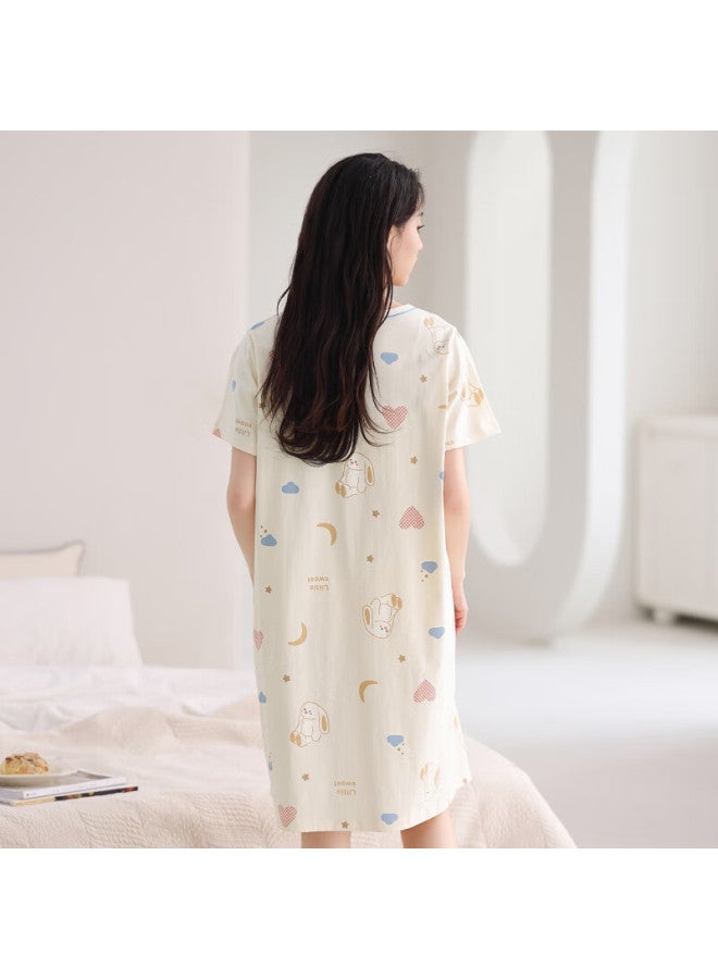 Fenton Fenteng Summer Korean Style New Loose Cotton Short-sleeve Nightgown Light Thin Women's Home Wear Light Apricot 2XL - Image 3