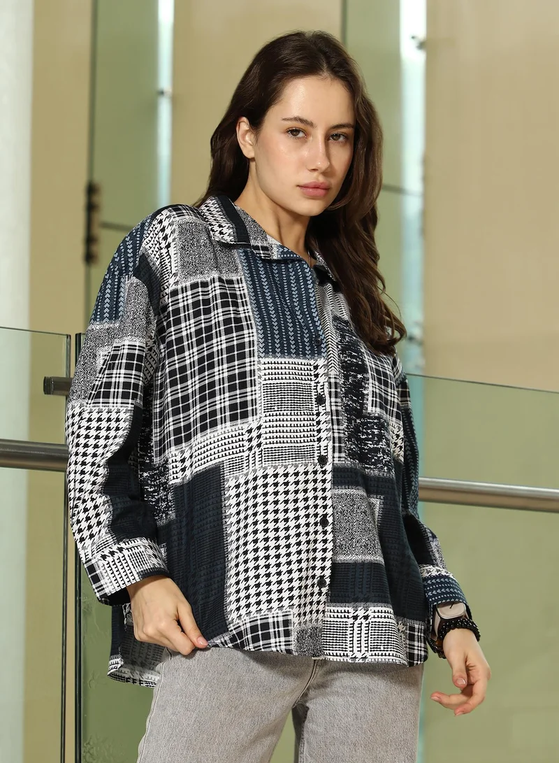 Pinacolada Women's Navy Blue & Onyx Black Houndstooth-Heart Imprint Oversized Shirt Women's Navy Blue & Onyx Black Houndstooth-Heart Imprint Oversized Shirt  | Best Price UAE