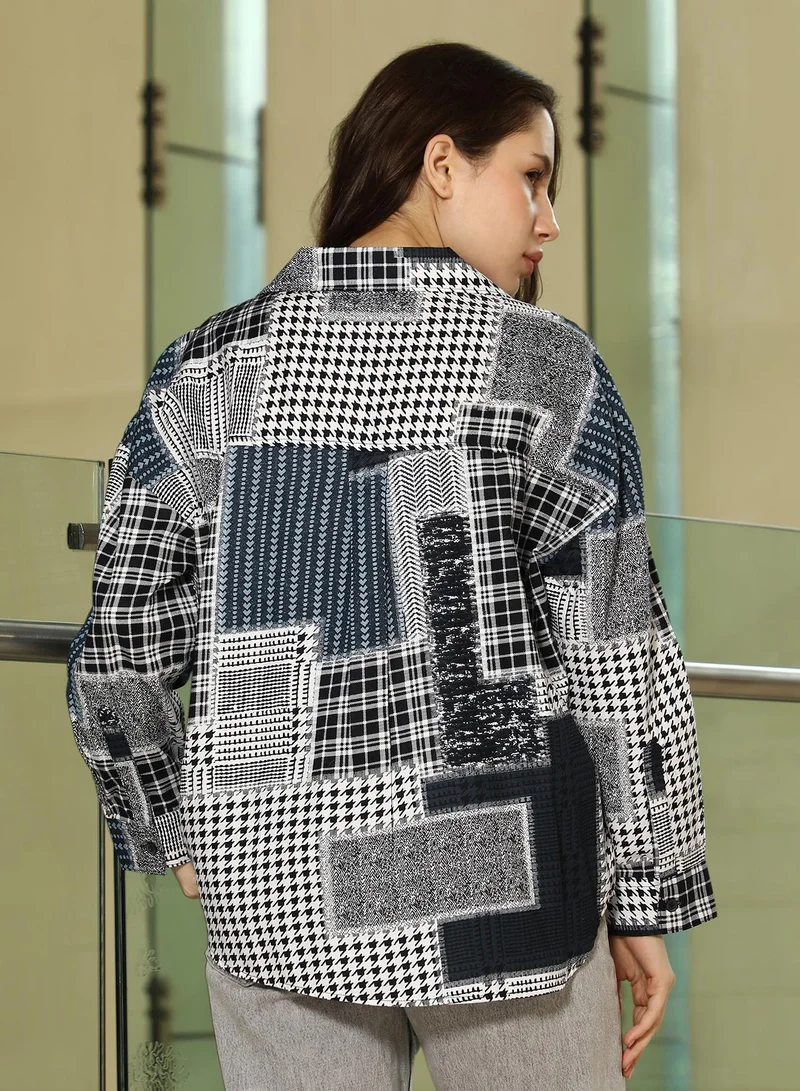 Pinacolada Women's Navy Blue & Onyx Black Houndstooth-Heart Imprint Oversized Shirt Women's Navy Blue & Onyx Black Houndstooth-Heart Imprint Oversized Shirt  | Best Price UAE