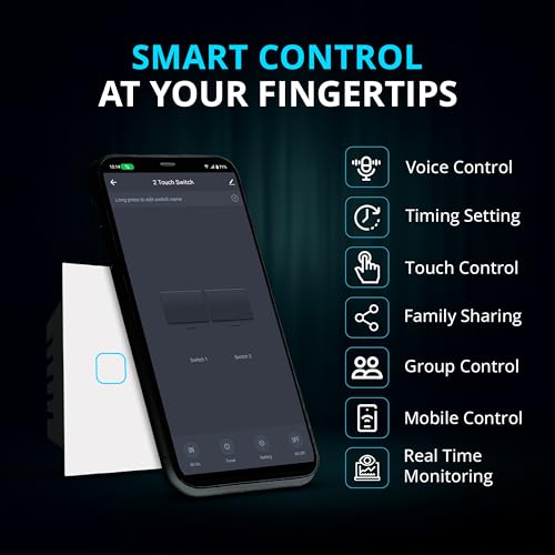 Home Mate HomeMate® WiFi 2 Gang Touch Switch | No Hub Required | Compatible with Alexa and Google Home | 15 A (1, White) - Image 4