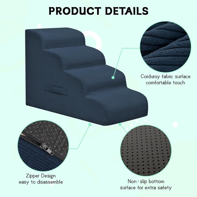 Mesa Lemon Dog Steps for Small Dogs, 4-Step Dog Ramp and Stairs for High Beds and Sofa, Non-Slip Pet Stairs Removable and Easy to Clean Cover, Navy - Image 3