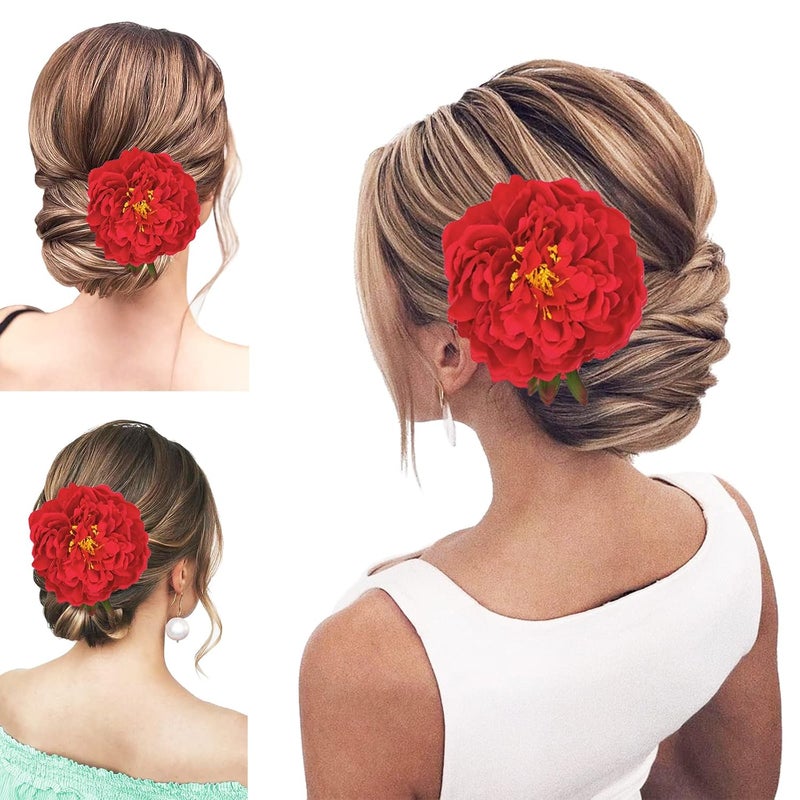 Peony Flower Hair Clip Hanfu Hairpin Bridesmaid Pin up Flower Brooch Party Wedding Decor one size red