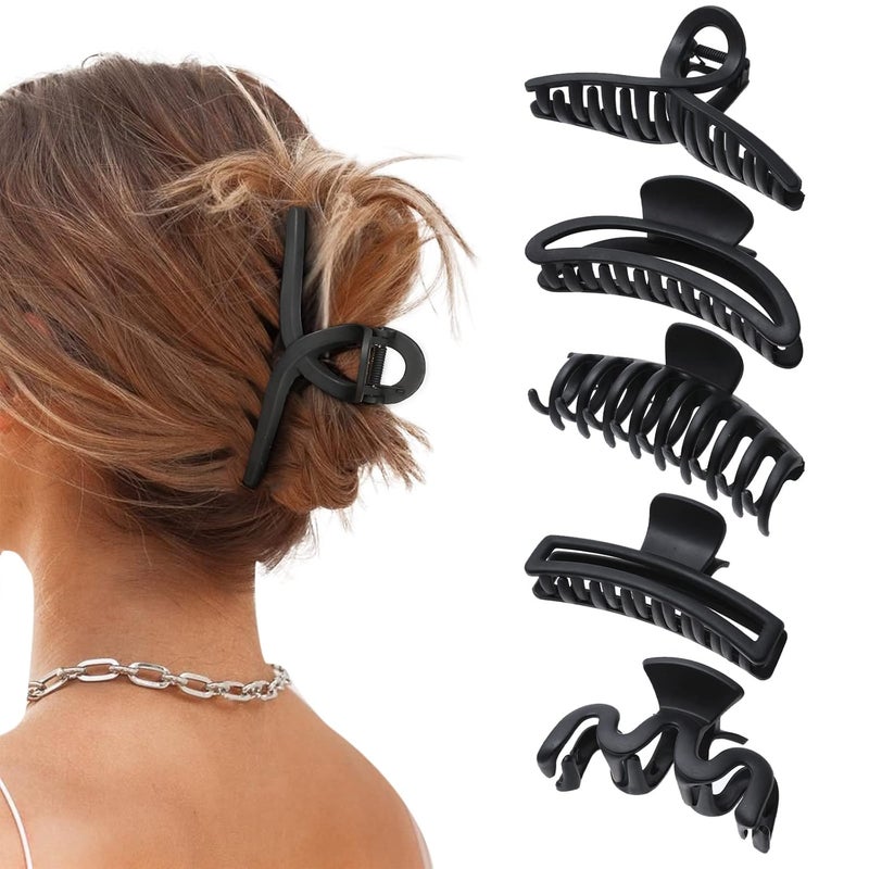 5PCS Large Claw Hair Clips for Thick Hair Big Banana Hair Clips for Women Nonslip Strong Hold Hair Claw Clip Matte Black