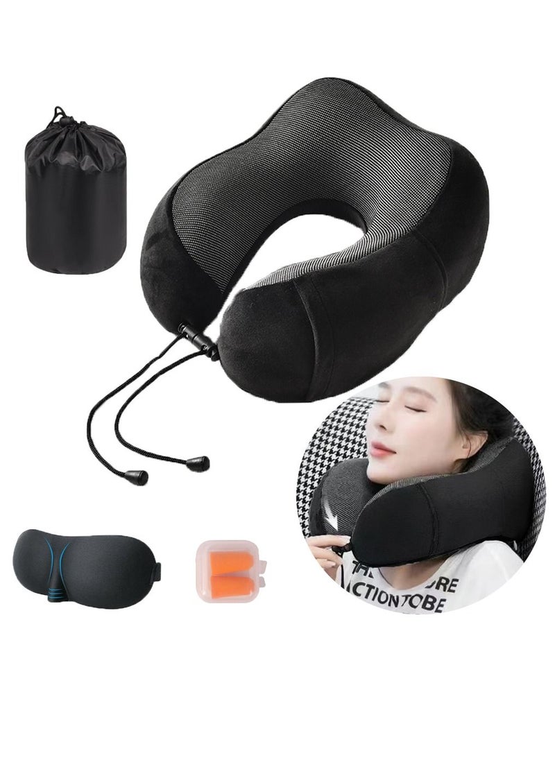 HomarKet Travel Pillow Kit Comfortable & Breathable Memory Foam Neck Pillow with 3D Sleep Mask, Earplugs and Luxury Bag  - Image 1
