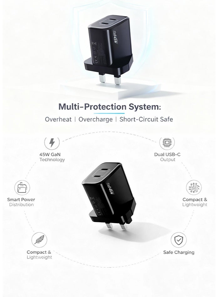 Best 45W GaN Super Fast Charger – UK 3-Pin Wall Plug Adapter | Dual Type-C Output with Smart Power Distribution & Smart Safety Chip | Ideal for Phones, Tablets & Laptops - Image 4