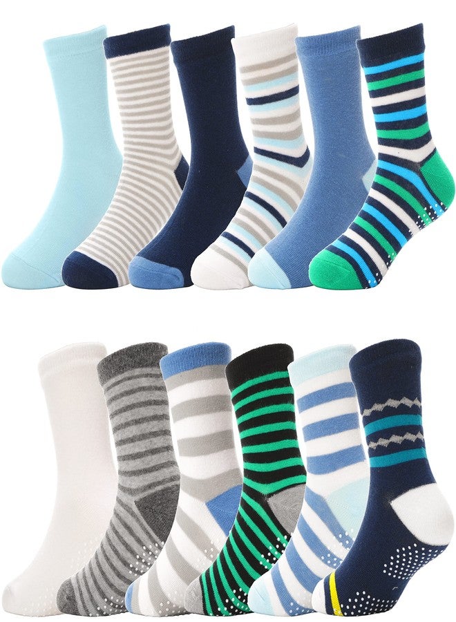ANTSANG Baby Boys Grips Socks Kids Toddlers Infants Non Slip/Anti Skid Crew Cotton Socks 12 Pairs, Blue Striped(12 Pairs), 3-5T - Image 1