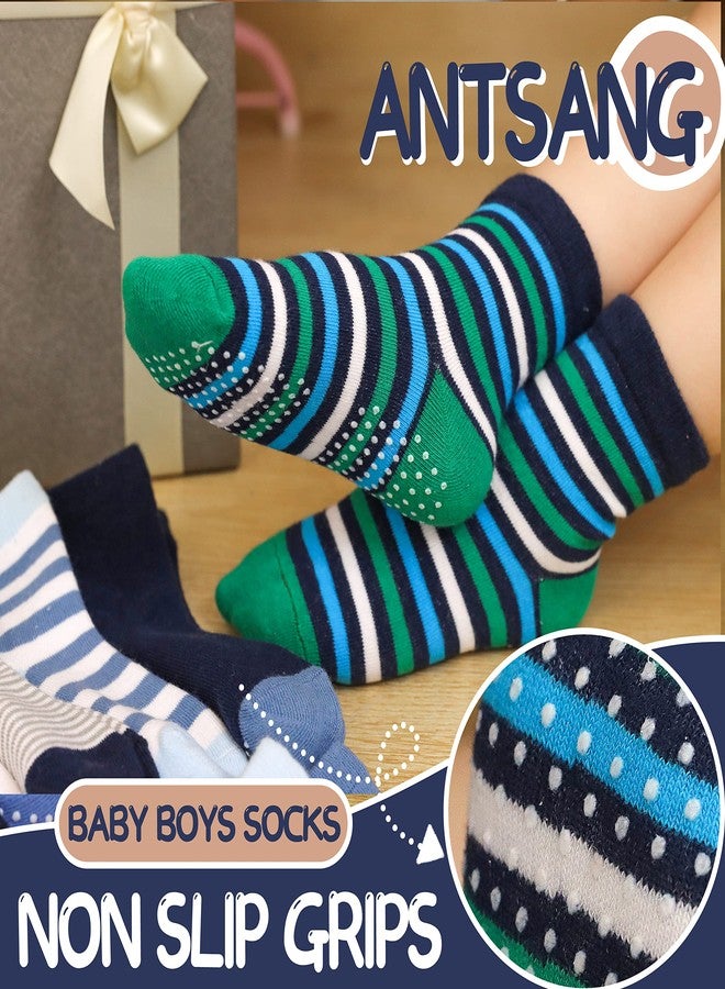 ANTSANG Baby Boys Grips Socks Kids Toddlers Infants Non Slip/Anti Skid Crew Cotton Socks 12 Pairs, Blue Striped(12 Pairs), 3-5T - Image 3