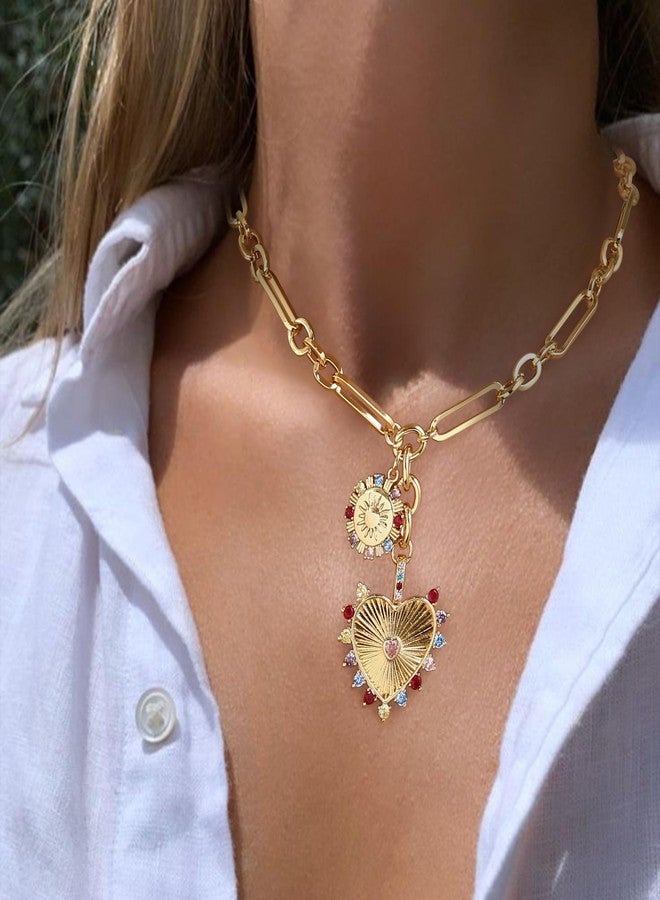 بريلوف قلادة بريلوف الذهبية السميكة للنساء، قلادة أنيقة بتصميم قلب مزدوج وزهرة شمس، مثالية لفصل الصيف والشاطئ، هدية مثالية لمحبي موسيقى الهيب هوب، متعددة الألوان، مطلية بالذهب. - Image 3