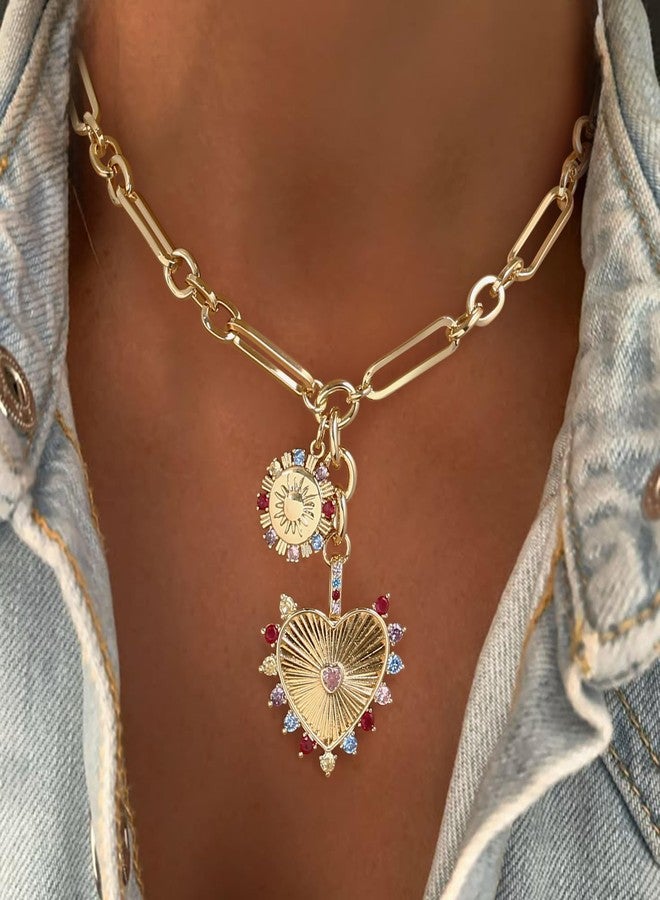 بريلوف قلادة بريلوف الذهبية السميكة للنساء، قلادة أنيقة بتصميم قلب مزدوج وزهرة شمس، مثالية لفصل الصيف والشاطئ، هدية مثالية لمحبي موسيقى الهيب هوب، متعددة الألوان، مطلية بالذهب. - Image 4