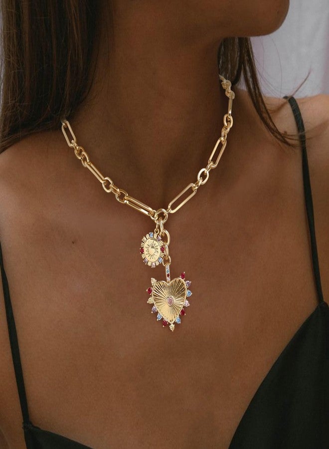 بريلوف قلادة بريلوف الذهبية السميكة للنساء، قلادة أنيقة بتصميم قلب مزدوج وزهرة شمس، مثالية لفصل الصيف والشاطئ، هدية مثالية لمحبي موسيقى الهيب هوب، متعددة الألوان، مطلية بالذهب. - Image 2