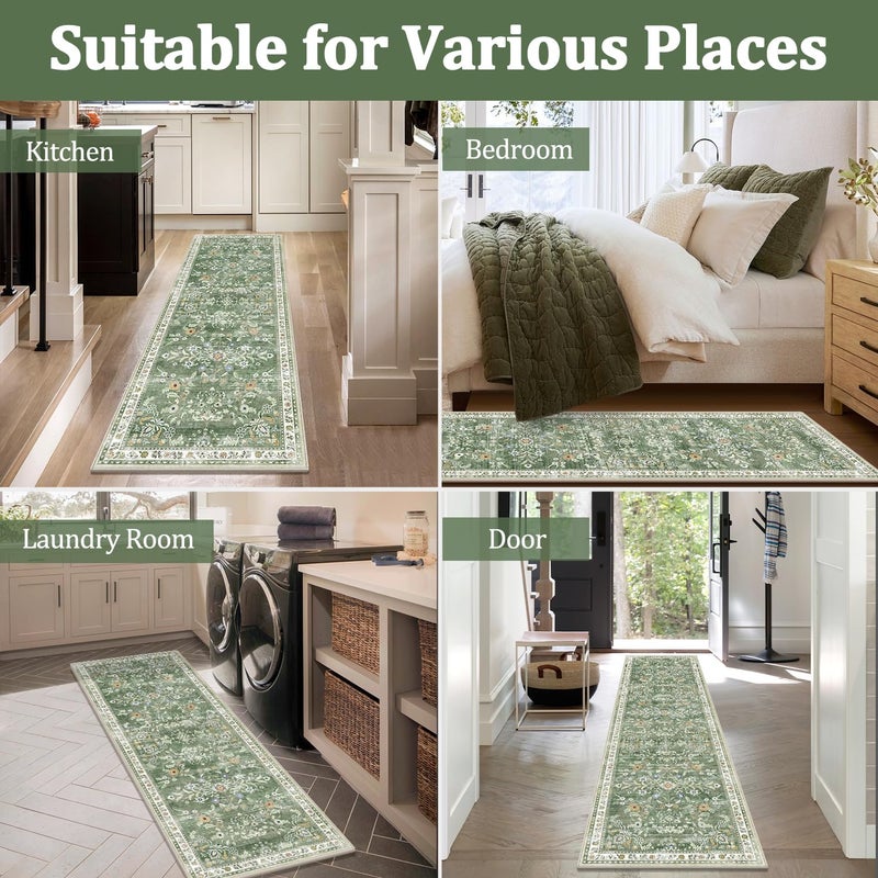 Yamaziot Washable Runner Rug 2x12 â€“ Floral Non Slip Boho Hallway Runner Rug with Rubber Backing, Low Pile Faux Wool Distressed Carpet for Kitchen, Laundry, Bedroom, Entrance, Green - Image 5