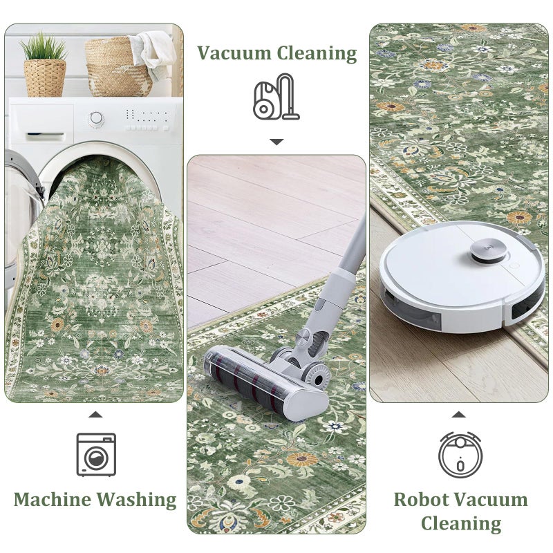 Yamaziot Washable Runner Rug 2x12 â€“ Floral Non Slip Boho Hallway Runner Rug with Rubber Backing, Low Pile Faux Wool Distressed Carpet for Kitchen, Laundry, Bedroom, Entrance, Green - Image 3