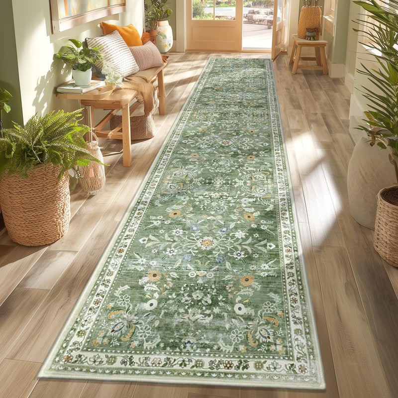 Yamaziot Washable Runner Rug 2x12 â€“ Floral Non Slip Boho Hallway Runner Rug with Rubber Backing, Low Pile Faux Wool Distressed Carpet for Kitchen, Laundry, Bedroom, Entrance, Green - Image 1