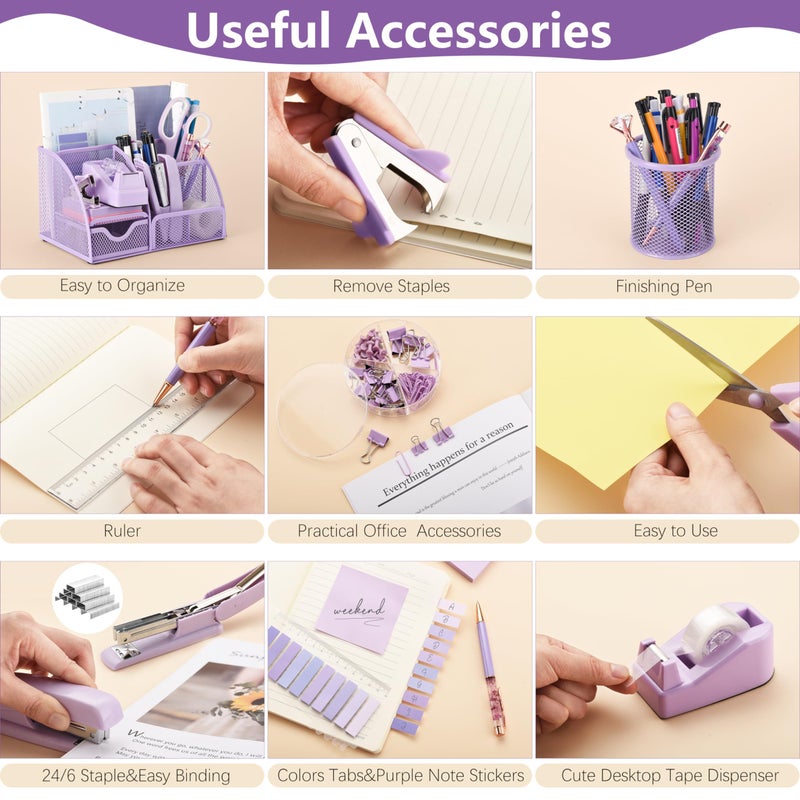 Fayoo 15 Pcs Purple Office Supplies Set Mesh Desk Organizer Accessories Kit Include Stapler Tape Dispenser Staple Remover Clips Ruler Scissors Sticky Notes for Office School Home Women (Purple) - Image 4