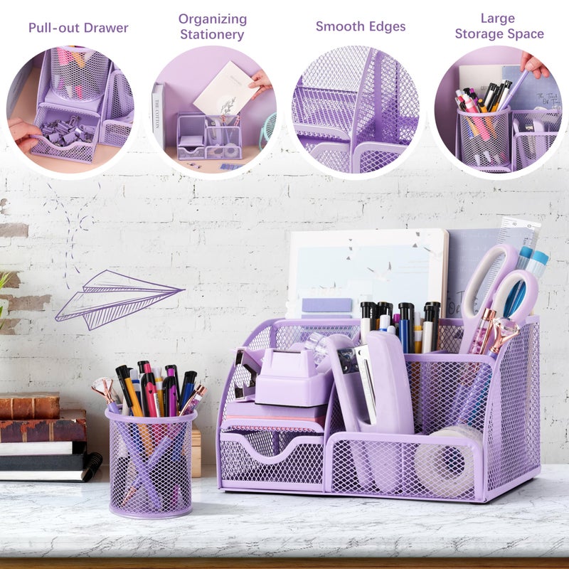 Fayoo 15 Pcs Purple Office Supplies Set Mesh Desk Organizer Accessories Kit Include Stapler Tape Dispenser Staple Remover Clips Ruler Scissors Sticky Notes for Office School Home Women (Purple) - Image 5